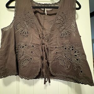 Free People Sweet Escape Embroidered Tie Front Brown Top